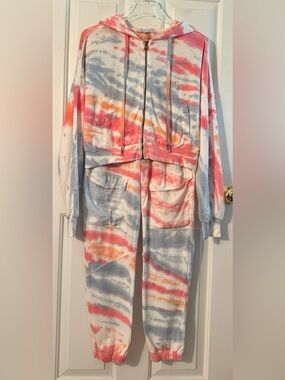 YOUNG FABULOUS & BROKE Med 2pc Pastel Tie Dye Sweatsuit Zip Up Hoodie Joggers